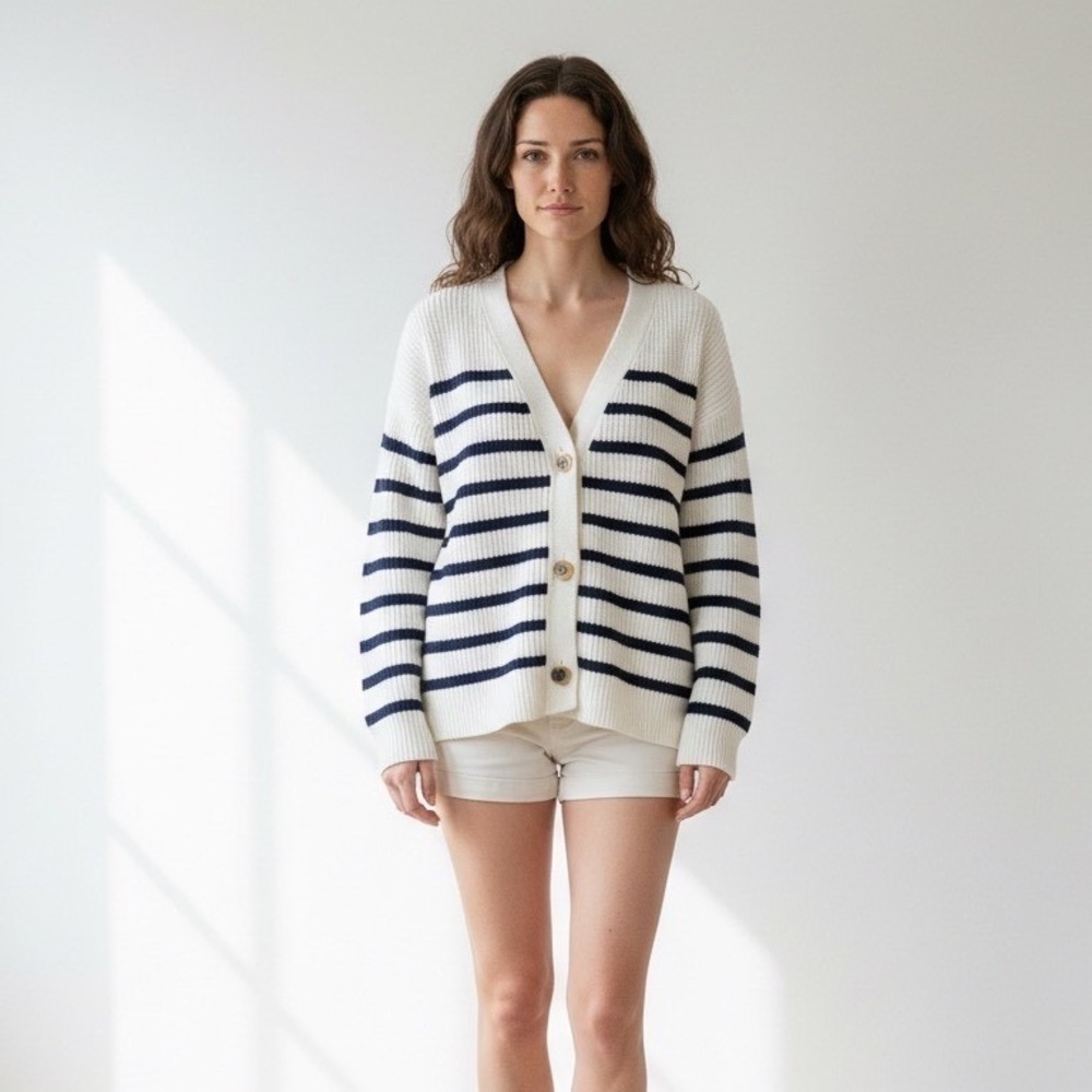 Madewell‎ Striped V-Neck Cardigan Sweater Ivory Navy Blue Large Oversized Ribbed